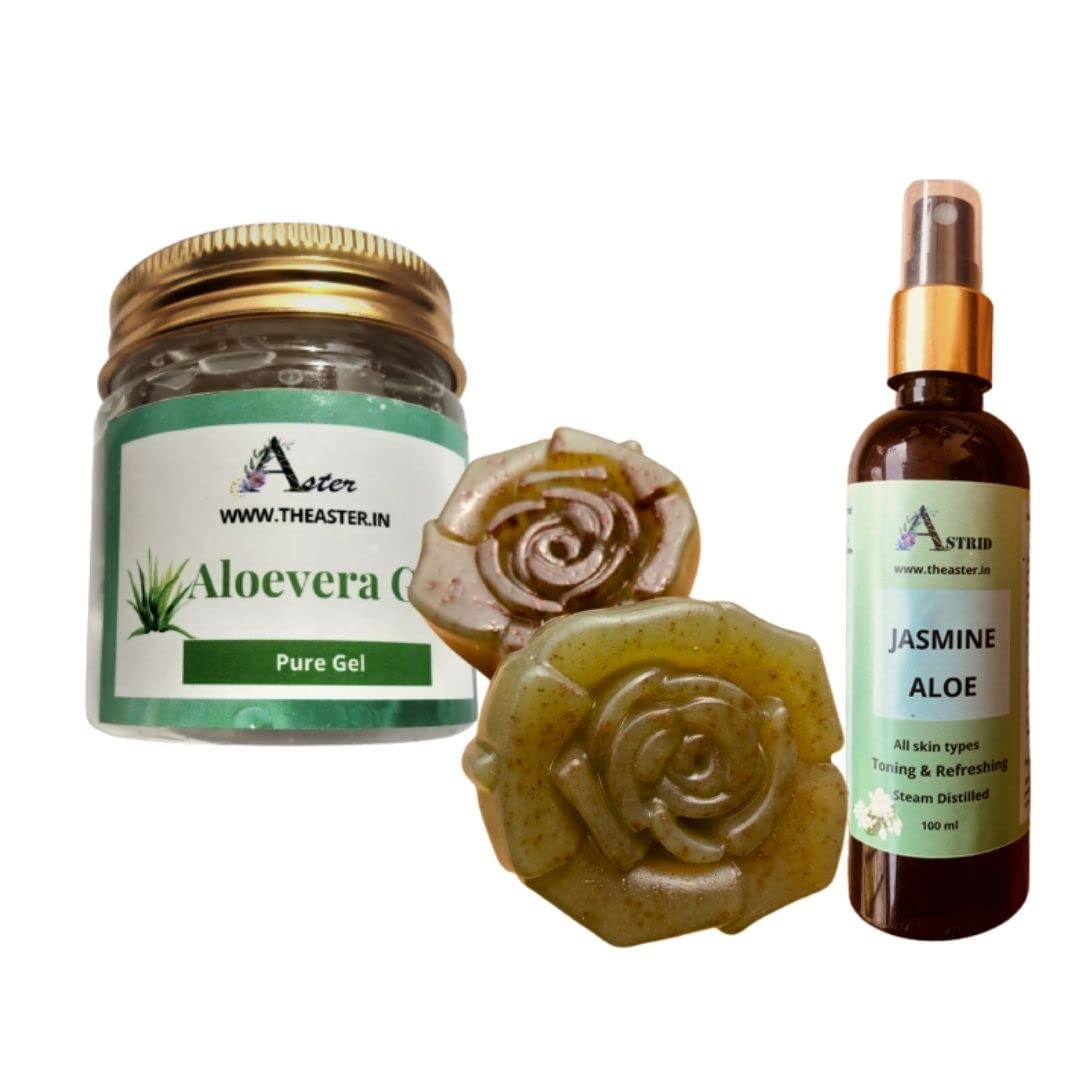 Astrid Aloevera gel, hydrating Jasmine and Aloe mist and Aloevera, neem and tulsi soap, natural ingredients, No Parabens and sulphate