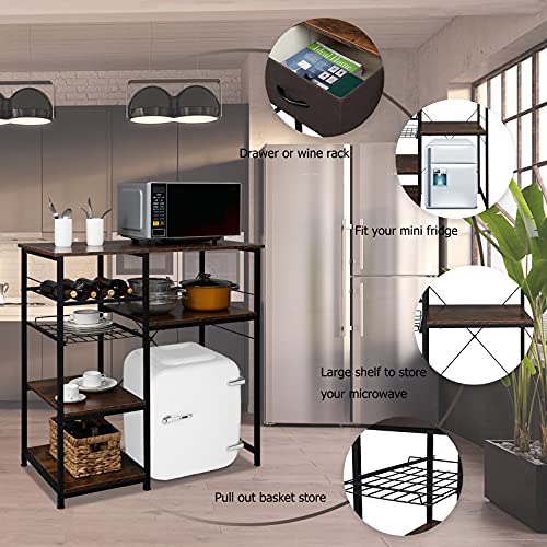 Vingli Bakers Racks For Kitchens With Storage Mini Fridge Stand Bar Cabinet With Mini Fridge Space, Big Drawer, Wine Rack, Metal Frame Industrial Workstation Microwave Stand 4-Tiers #TOP2