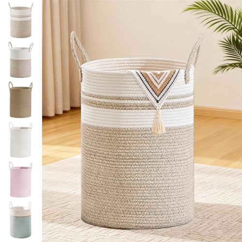 Image of 100L Extra Large Tall Cotton Rope Laundry Basket with Handle, White & Brown