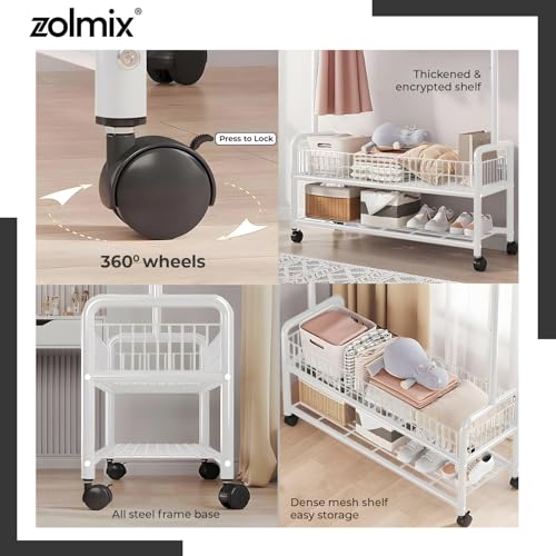 Image of ZOLMIX Metal Garment Rack With Wheels & 2 Bottom Mesh Shelves | Clothes Hanging Stand, Coat Hanger Stand For Home, Cloth Rack For Bedroom, Clothing Rack Organizer For Clothes, Bags & Shoes (white)