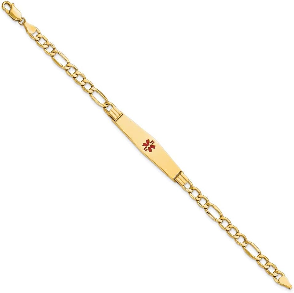 Engravable Personalized Custom 14K Yellow Gold Solid Medical Soft Diamond Shape Red Enamel Figaro ID Bracelet For Men or Women Length 7 inches Width 9 mm With Lobster Claw Clasp