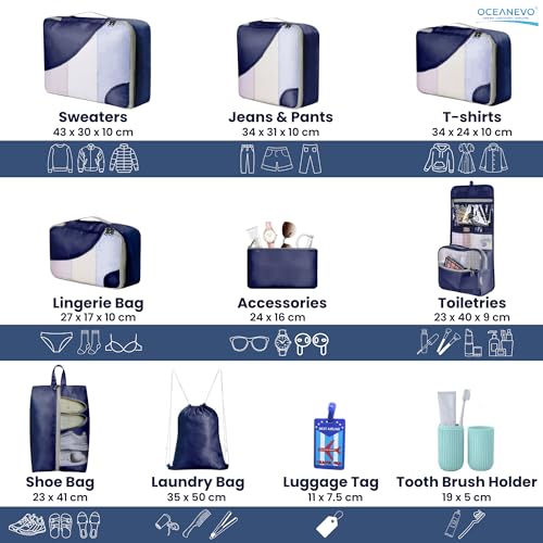 Image of OCEANEVO Set of 10 Pcs Packing Cubes for Travel | Includes Luggage Tag and Toothbrush Holder | Suitcase Organizer for Travelling for Clothes, Shoes and Lingerie | Model 3.0 - Navy Blue-1Year Warranty