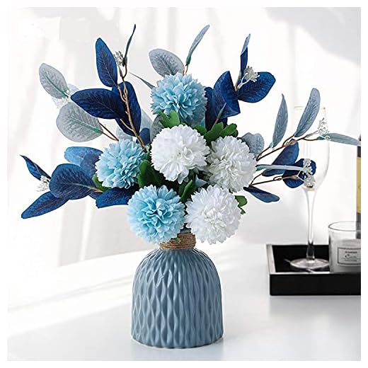 LNGODEHO Flores artificiales con jarrón, arreglos de flores artificiales para decoración de mesa, centros de mesa para comedor, azul marino