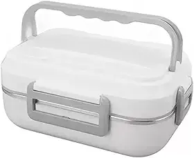Marmita Elétrica Portátil Veicular de Aço Inoxidável Para Carro Uber Casa Lancheira Térmica 12V,110V, 220V (Bivolt) C/ 3 Divisórias Inox (Branco)
