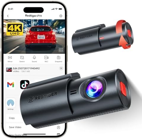 REDTIGER 4K Dash Cam Front, Mini dashcam with WiFi, Anti-Theft Car Camera with Night Vision, WDR, 24H Parking Mode, Loop Recording, Two-Step Installation, No SD Card Included, Supports 256GB Max(F11)