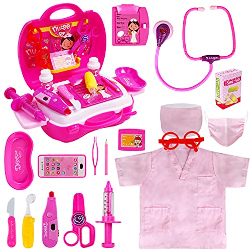 Meland Toy Doctor Kit for Girls - Pretend Play Doctor Set with Carrying Case,Electronic Stethoscope & Dress Up Costume - Doctor Play Set for Girls Toddlers Ages 3 4 5 6 Year Old for Role Play Gift