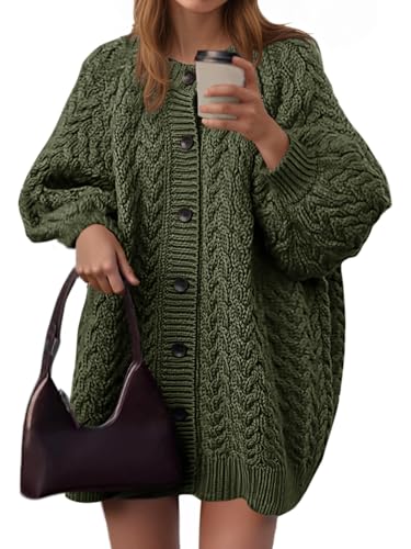 Saodimallsu Womens Cable Knit Cardigans Oversized Chunky Button Down Long Lantern Sleeve Crew Neck Warm Sweater Dress