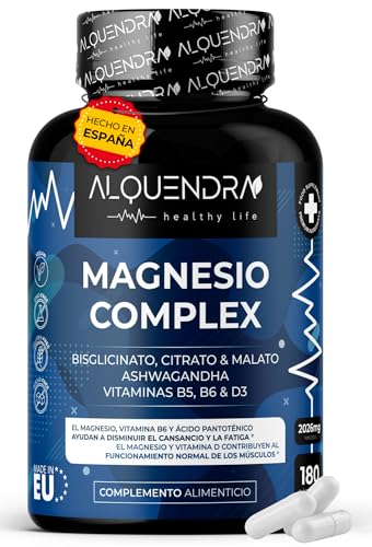 Magnesio Complex - Citrato de Magnesio - Malato de Magnesio - Bisglicinato -Energía Diaria + Reduce Cansancio y Fátiga -con Vitaminas B5 B6 y D3 - Relajante Muscular - Triple Magnesio -180 Cápsulas