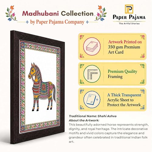 Image of PAPER PAJAMA Madhubani Vastu Horse Wall Art for Living Room | Traditional Indian Folk Painting | Mithila Art Framed Decor for Home, Office & Bedroom (10x13 Inches)