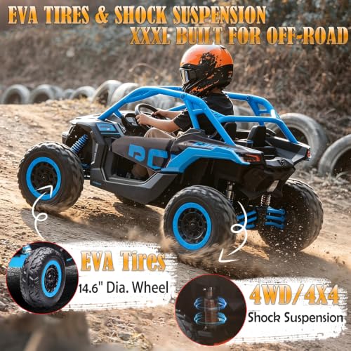 Image of NEWQIDA 2 Seater Ride On Car with Remote Control 24V 4WD Electric Car for Kids 4x4 Ride on Truck Licensed Can Am Maverick UTV Ride On Toys for Big Kids, EVA Rubber Wheels, Spring Absorbers, Blue