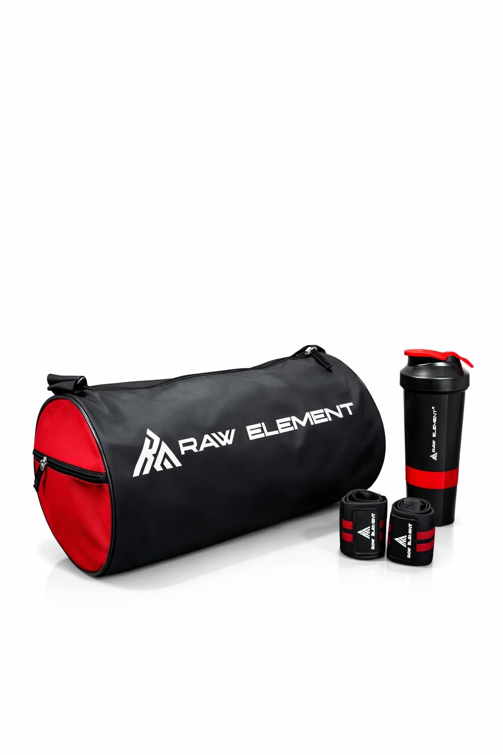 raw element Gym Bag Combo Set with Shoe Compartment, Protein Shaker & Wrist Wraps | 30-35L Duffel Bag | Heavy Duty Fitness Travel Bag for Men & Women | Black & Red (Red & Black)-picture-1