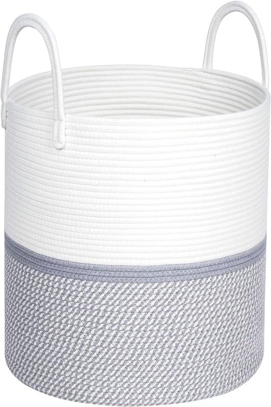 Image of Jute Cotton Rope Laundry Basket with Handles, Large Tall Clothes Hamper for Bedroom, Baby Nursery, Bathroom, Laundry Room & Home Storage Organizer (14x16 Inch, Grey & White)