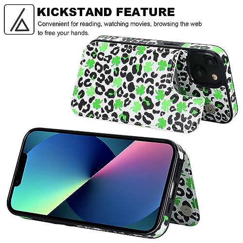 Image of HAOPINSH for iPhone 13 /14 Wallet Case with Card Holder, Clover Leopard Cheetah Pattern Back Flip Folio PU Leather Kickstand Card Slots for Women Girls, Double Magnetic Clasp Shockproof Cover 6.1 inch