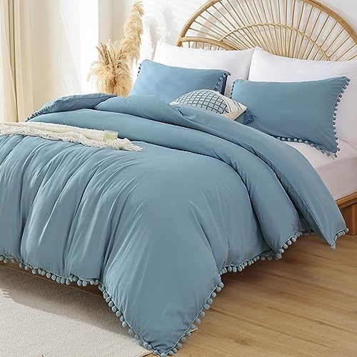 YIRDDEO King Size Comforter Set - King Size Comforter with Ball Pom Fringe, Soft King Bedding Set for All Seasons - 3 Pieces, 1 Comforter (104"x90"inches) & 2 Pillow Shams(20"x36"), Dusty Blue