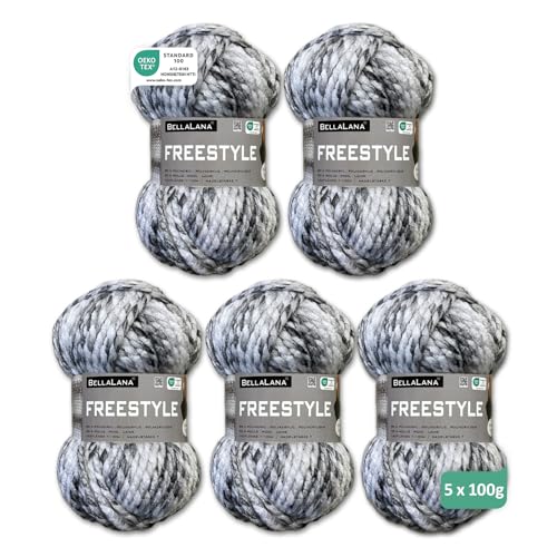 BellaLana Freestyle Wolle - Garn zum Stricken & Häkeln, Ideal für Big Knit-Looks - 80% Polyacryl, 20% Wolle, Lauflänge 100m/100g, Nadelstärke 7, 5 x 100g - Weiß-Schwarz