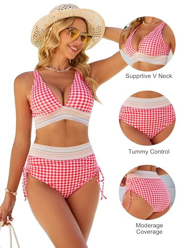 Image of Blooming Jelly Women High Waisted Bikini Sets Tummy Control Swimsuits Color Block Two Piece Drawstring Bathing Suit