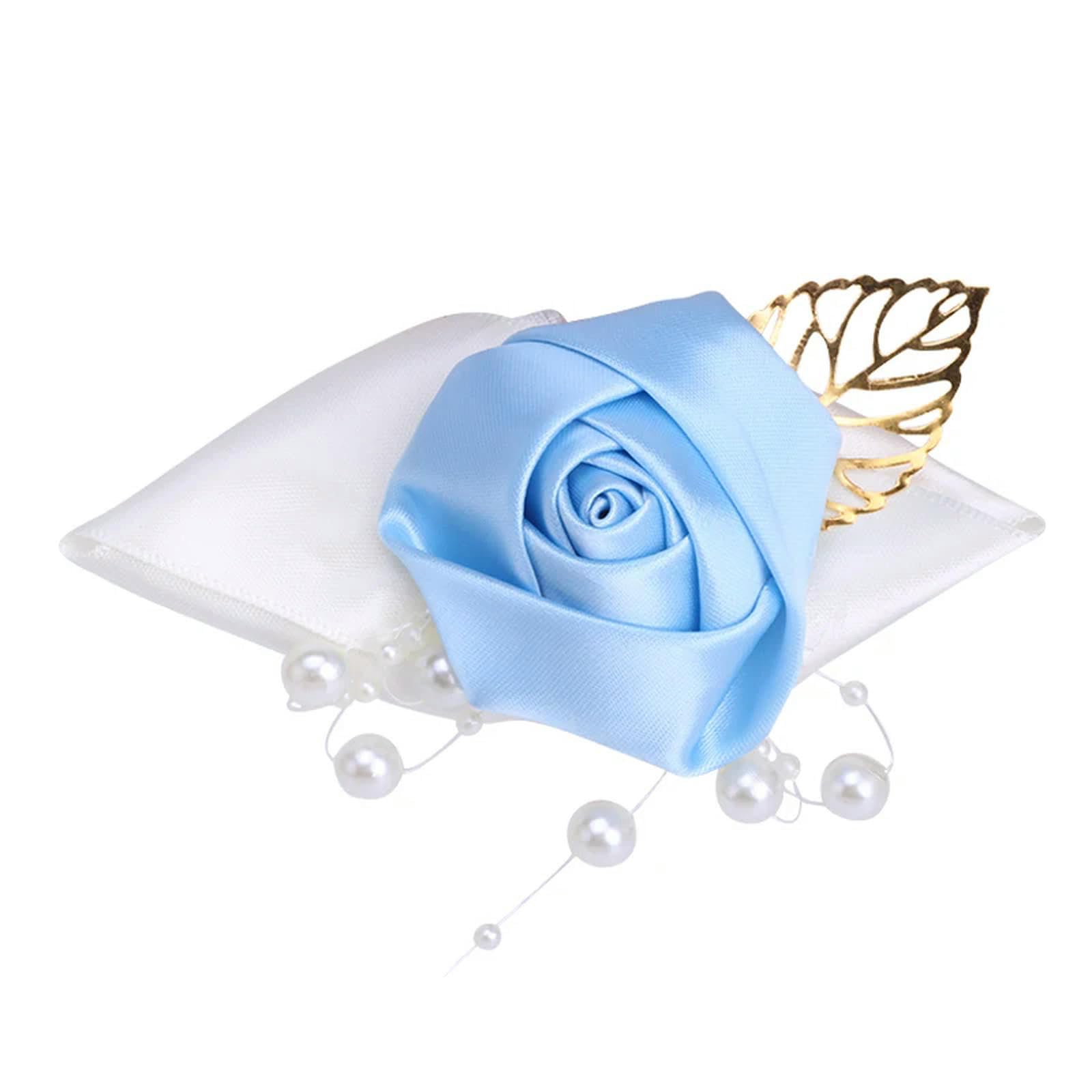 LGSMOUR Wrist Corsage Bridesmaid Sisters Hand Flowers Artificial Pearl Leaf Bridal Bracelet Flowers For Wedding Party Decor Prom-baby blue