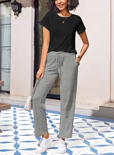 Image of Ekouaer Pajama Sets for Women Round Neck Pjs Short Sleeve Sleepwear with Long Pants Loose Lounge Sets