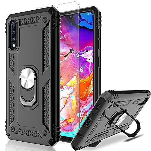 MP-MALL Funda para Samsung Galaxy A70,[Soporte Giratorio Anillo] Cubierta Tough Armor Protector Cover para Teléfono con Screen Protector Vidrio Templado[1 Pack] para Samsung Galaxy A70 - Negro