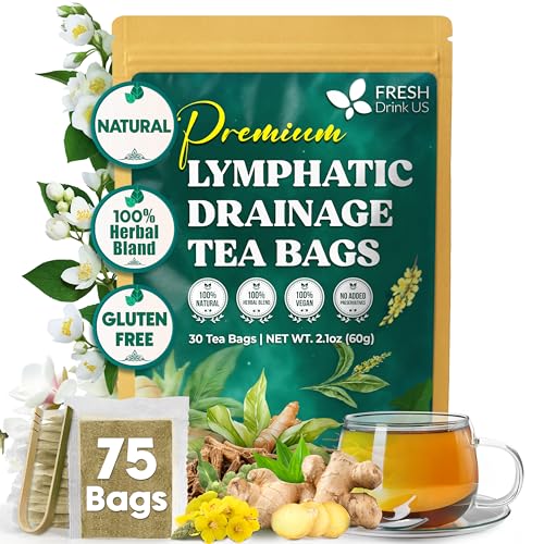 Image of FreshDrinkUS, Lymphatic Drainage Tea | 75 Tea Bags | Herbal Tea Bags with Ginger, Dandelion Root, Burdock Root, Mullein, Calendula, Lemongrass, Rose, Licorice & Tulsi - Caffeine-Free Herbal Blend