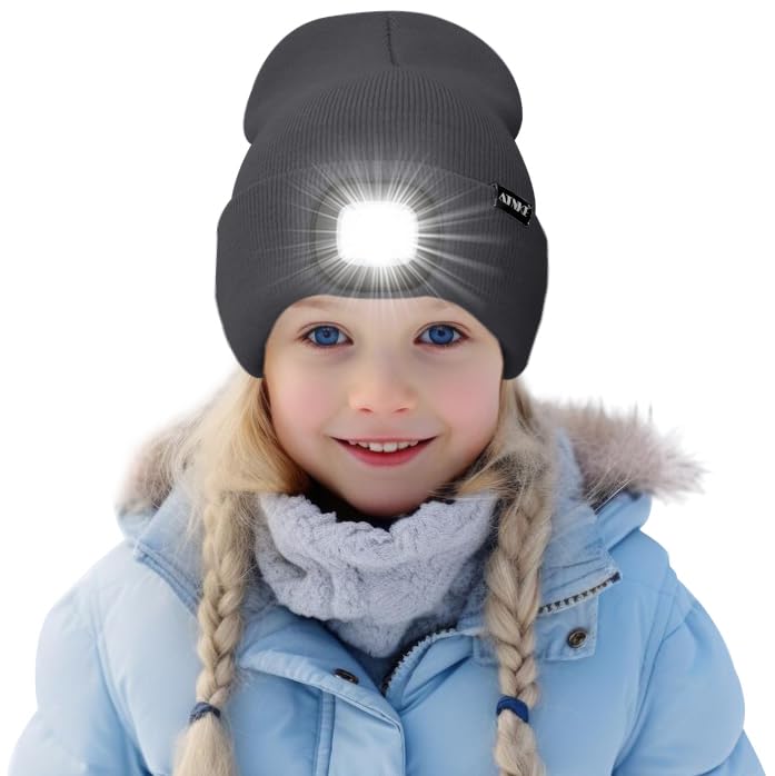 ATNKE Kids LED Lighted Beanie Hat,USB Rechargeable 4 LED Running Headlamp Bright Cap with Light Gifts for Boys and Girls