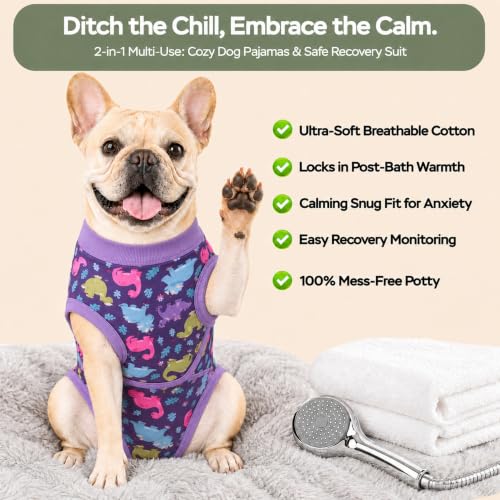 Image of PetWarm Post Neuter Surgery Suit for Dogs, Dog Coat's Inner Clothes, Substitute E-Collar and Cone, Dog Onesies Pet Surgery Recovery Suit for Dogs, Dinosaur Pattern, Purple, XL