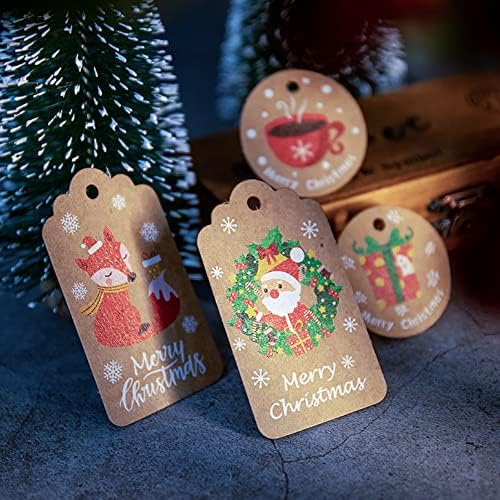 DOJoykey Christmas Gift Tags, 50pcs 10 Design Kraft Paper Christmas Labels with 50pcs Jute String for Gift Christmas Tree Decoration