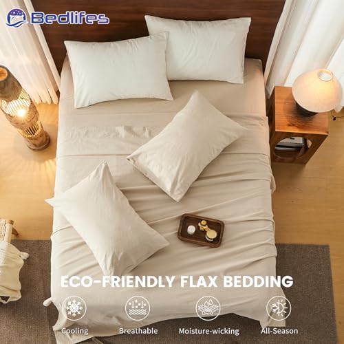 Image of Bedlifes 100% French Linen King Bed Sheet Set - 16 inch Deep Pocket, 4-Piece | Soft & Durable, Breathable & Cooling, Pure Flax Linen, OEKO-TEX Certified, Moisture-Wicking, Easy Care, Machine Washable