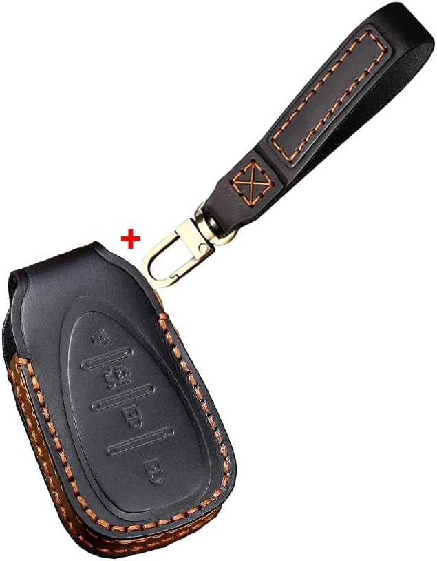 HIBEYO Leather Car Key Fob Cover with keychain fits for Chevrolet Chevy Malibu Camaro Cruze Traverse Spark Sonic Encore Accessories Smart Remote Car Key Keyless Entry Holder 4 buttons Black