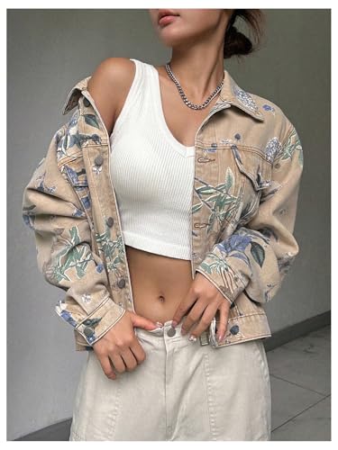 WDIRARA Women's Floral Print Button Down Denim Jacket Long Sleeve Outerwear4