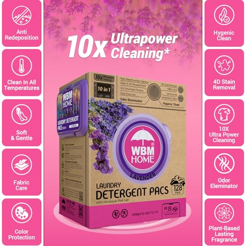 Image of WBM 10-in-1 Laundry Detergent Pods, Fabric Softener with Lavender Extracts, High-Efficiency Laundry Pods with Powerful Stain Lifter Technology - 128 Count Bag