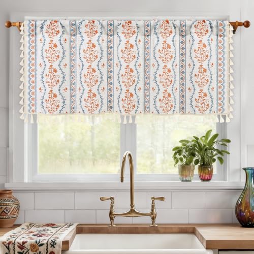 Image of Yinhua Boho Valance Curtains Vintage Linen Kitchen Valances for Windows Light Filtering Bohemian Floral Valance Rod Pocket Tassel Window Valances for Bathroom Cafe, 52 inch W X 18 inch L, Blue Orange Floral