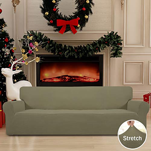 Image of Easy-Going Stretch 4 Seater Sofa Slipcover 1-Piece Sofa Cover Furniture Protector Couch Soft with Elastic Bottom for Kids, Polyester Spandex Jacquard Fabric Small Checks Khaki