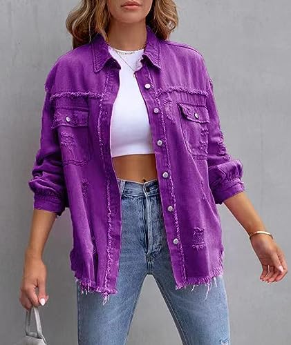 SEMATOMALA Women's Frayed Hem Ripped Denim Shirt Jacket Button Front Boyfriend Jean Coat Oversized Distressed Fall Shacket4