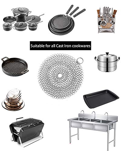 Image of Cast Iron Skillet Cleaner Chainmail,4 Pack Premium Stainless Steel Chain Maille Scrubber for Cast Iron Pans,Stainless Steel,Glassware(7IN &5IN Round)