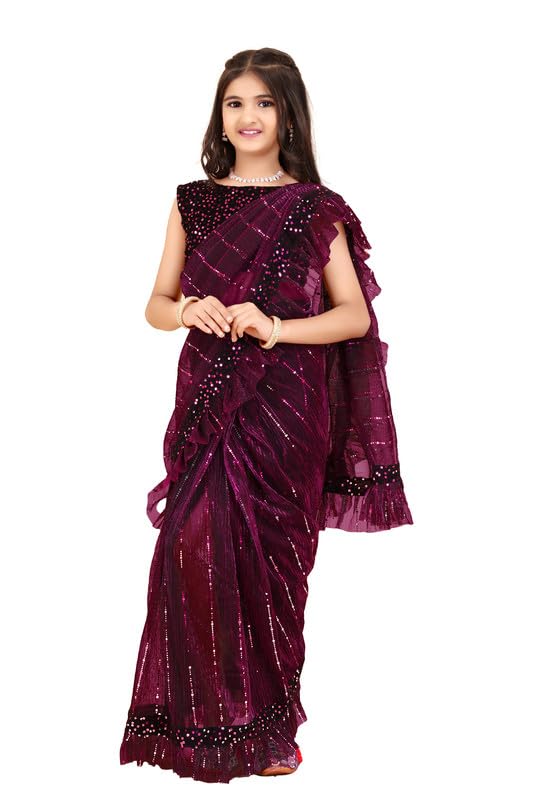 Kids Supernet Tikli Work Ready to Wear Saree With Unstitched Blouse Piece