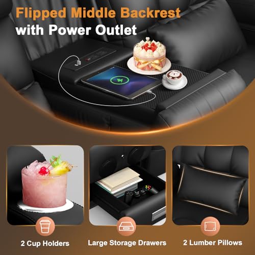 Image of Home Theater Seating, 3 Seat Power Recliner Sofa with Massage & Heat, Wall Hugger Reclining Loveseat with USB, RV Couch with LED Lights, Flip Backrest, Cup Holders for Movie Theater & Gaming Room