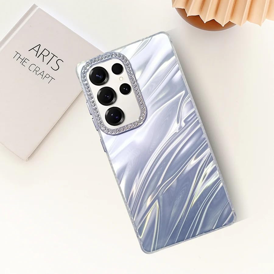 Image of DIZORO Compatible with Samsung Galaxy S25 Ultra | Marble Glossy Hard PC Back Cover with Diamond Camera Protector | Ultra Stylish Shockproof Back Cover Case for Girls Women-Sky