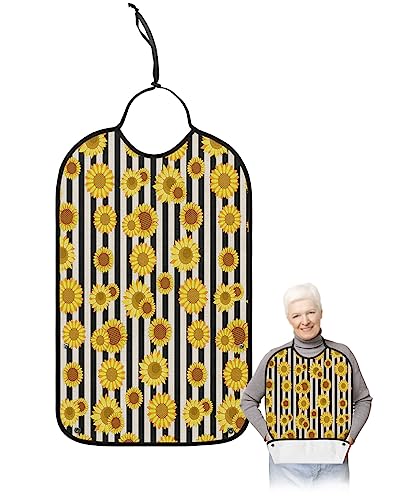 Kewadony Adult Bibs for Elderly Women - Rustic Sunflowers Waterproof Dining Clothing Protectors with Crumb Catcher for Eating/Feeding, Vintage Farm Black and White Stripes Terry Cloth Bib Washable