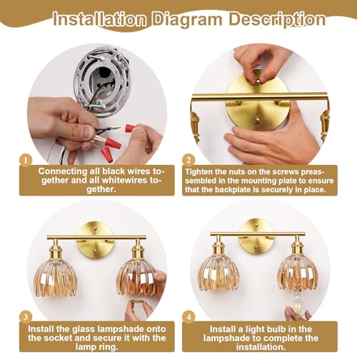 Image of Vintage Bathroom Light fixtures, Gold Vanity Lights, ETL Certified | 14.57 in, Amber Tulip Glass Shade, Hardwired Bathroom Vanity Light, E26 Socket, Bulbs Not Included
