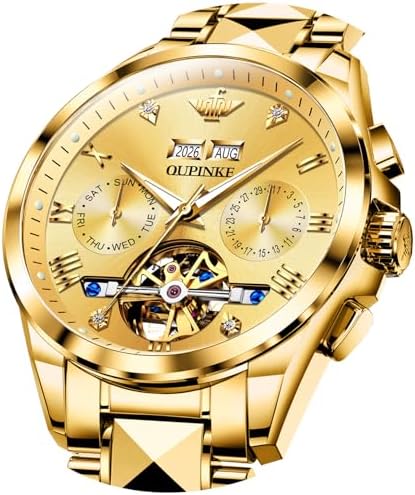 OLEVS Gold Skeleton Watches for Men Automatic Mechanical Movement Large Face Wrist Mens Watch Tungsten Steel Band Tourbillon Men's Watches 50m Waterproof Luminous Hands Watch Men Business & Casual