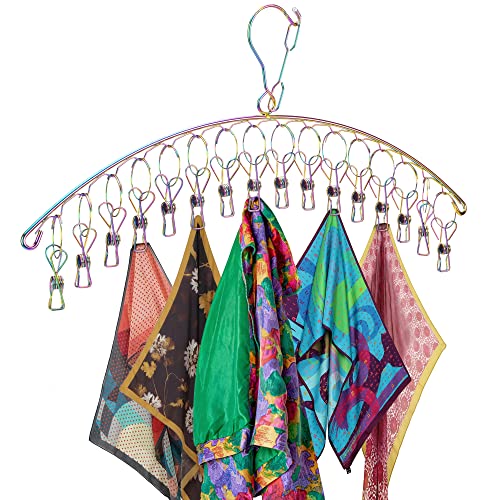 Lushus ~ 16 Clamp Iridescent Stainless Steel Scarf Hanger ~ Hat Organizer ~ Laundry Room Gadget ~ Closet Hangers Space Saver Drying Multipurpose Windproof Heavy Duty Hijab Scarves #TOP1