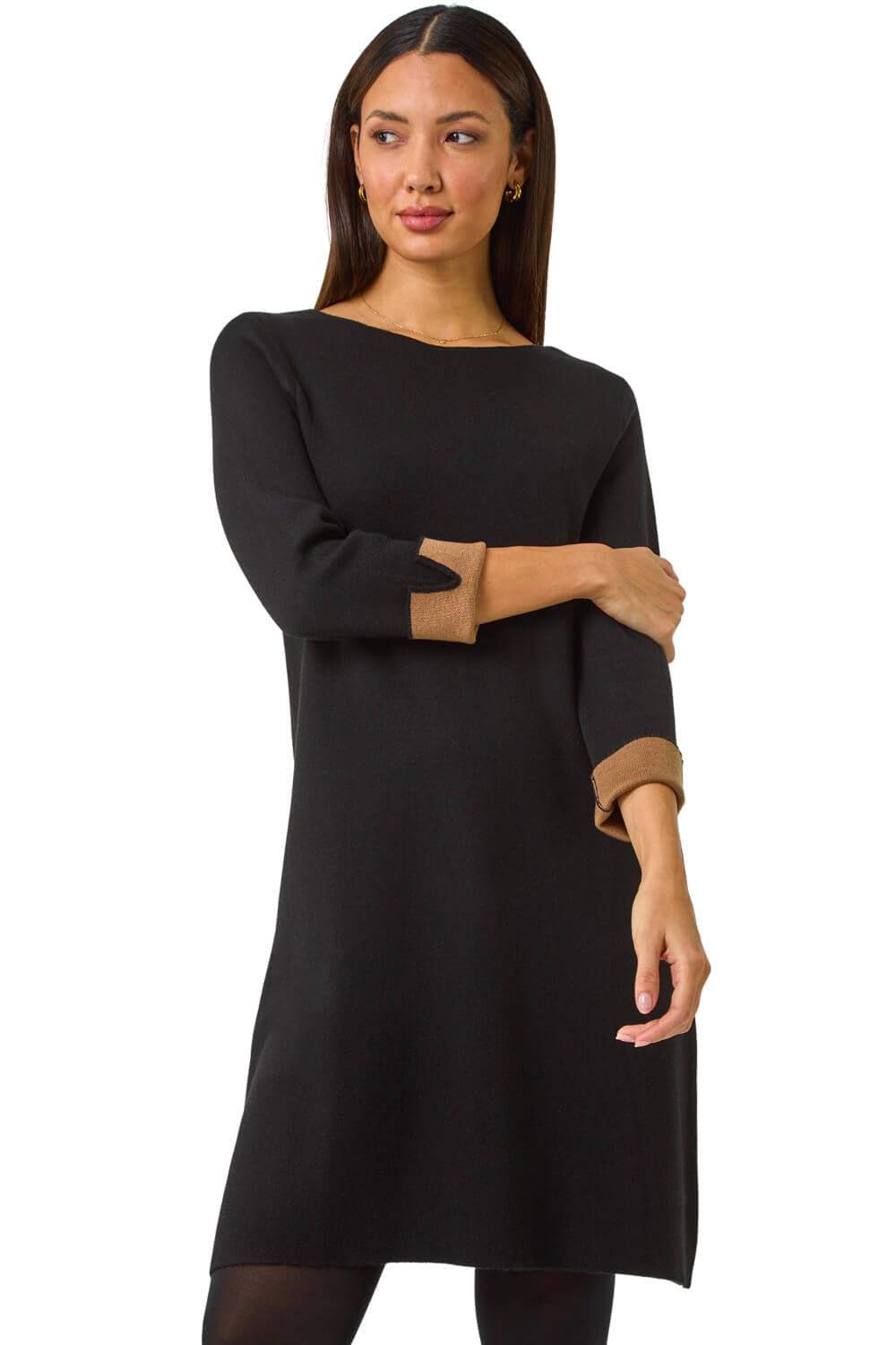 Roman Women's Black Contrast Sleeve Knitted Shift Dress In | : Size 16