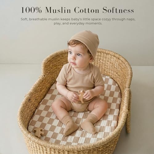 Image of MairMore 3 Pack Muslin Bassinet Sheets for Babies, Soft & Breathable 100% Cotton Fitted Sheets for Oval, Rectangle, Hourglass Bassinet Mattress Pads (Milky Coffee)