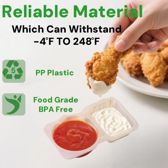 20-Pack Snack Containers with Lids, Disposable Double Compartment Sauce Cups, Portable Plastic Boxes for Snacks, Dips, Meal Prep, Portion Control, School, Office, Camping & Travel
