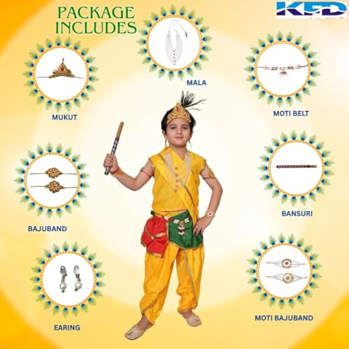 Image of Kaku Fancy Dresses Krishna Costume With Dhoti For Boy /Janmashtami /Bal Gopal Dress /Kanha Costume /Bal Krishna /Mythological Costume For Boy - Yellow-Red, 1-2 Years