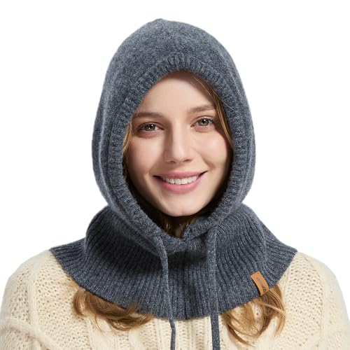 ACUSHLA Sturmhaube aus 100% Merinowolle, für Damen und Herren, Winter, warm, gestrickt, mit Kapuze, Mütze, Schal und Schal, Braun, Einheitsgröße (Dunkelgrau)