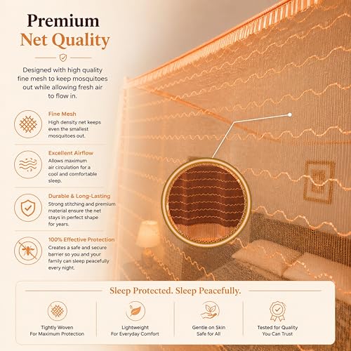 Image of Mosquito Net for King Size Bed & Double Bed (6x7 ft, Wall /Hook Hanging) Poly-Cotton Blend Fabric with Zigzag Wave Line Pattern, Pre-Fitted Bottom & Cotton Ribbon (Golden Orange)