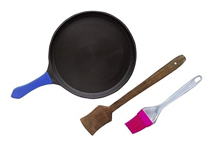 Lyali Online Combo Cast Iron Skillet/Round Griddle/Dosa- Rotti tawa/Dosa pan 10 inch 2 kg with Silicon Grip with Wooden Spatula and Silicone Brush