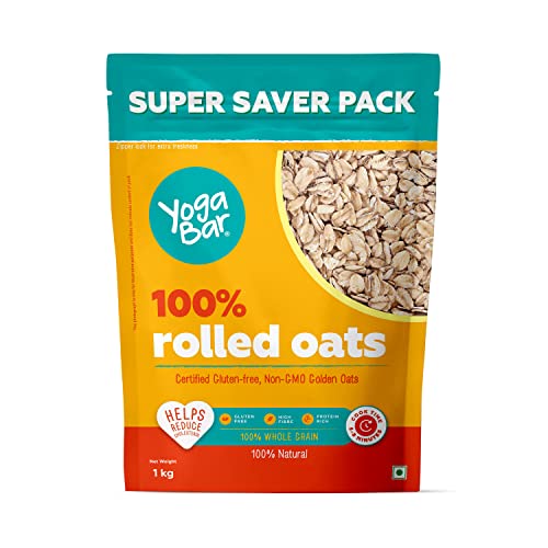 Image of Yogabar 100% Rolled Oats 1 kg Pouch | Premium Golden Rolled Oats, Gluten Free Oats with High Fibre, Non GMO | Healthy Food with No Added Sugar | Diet Food for Weight Management - 1 kg